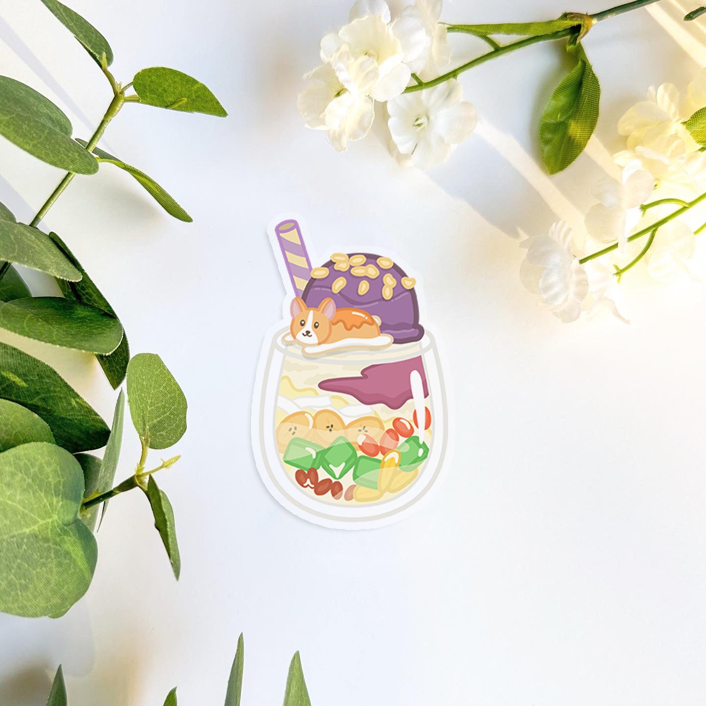 Halo Halo with Corgi Flan Clear Sticker